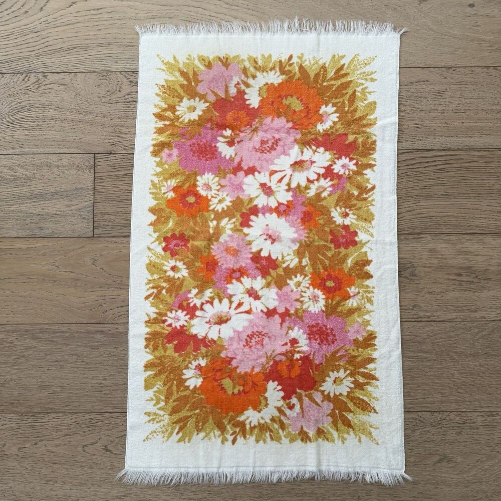 Vintage St Marys Floral Bath Towel Fringe Retro Pink Orange Cottagecore